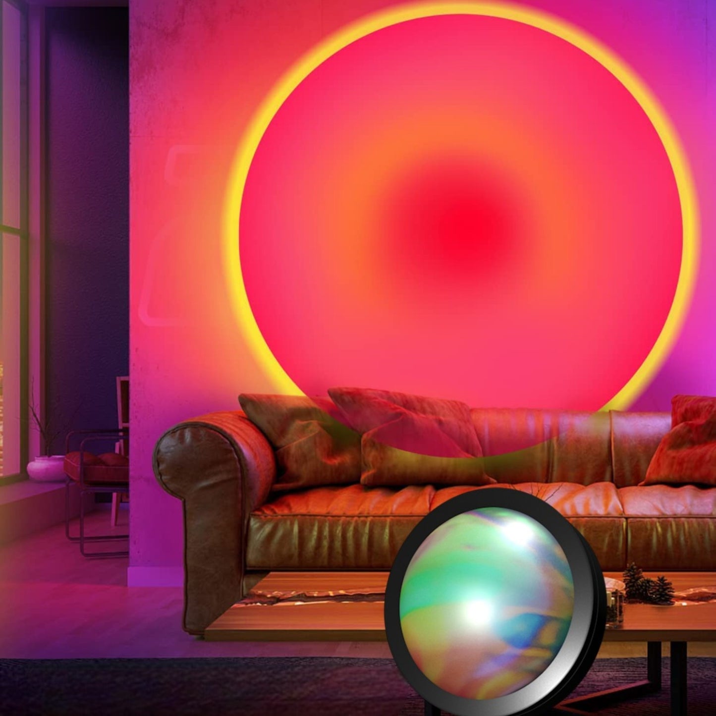 Sunset-effect RGB lamp in cozy living room